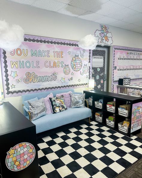 Part 2 of our Shimmer Pop classroom makeover reveal! We still can’t get over this room and all the happiness it brings! Double tap if you love the Taylor Swift vibe it brings! 🪩💜 Click the 🔗 in our profile to shop this classroom makeover! #classroomreveal #classroommakeover #classroomtransformation #taylorswiftclassroom #trendyclassroom #classroominspiration #classroomdecorations #classroomdecorideas #pastelclassroomdecor Shimmer Pop Classroom, Taylor Swift Classroom Theme, Taylor Swift Classroom Decor, Taylor Swift Classroom, Aesthetic Classroom Decor, Aesthetic Classroom, 2024 Classroom, Classroom Borders, 90's Aesthetic