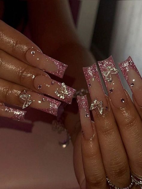 Nfl Nails, Glitter French Tips, Gold Glitter Nails, Unique Acrylic Nails, Nail Patterns, Butterfly Nail, Pink Acrylic Nails, Acrylic Nails Coffin, Birthday Nails