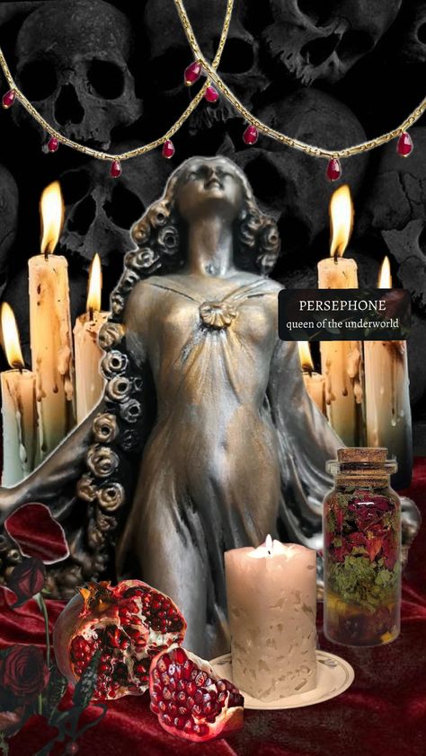 PERSEPHONE ALTAR INSPIRATION #pagan #altar #persephone Hades And Persephone Altar, Persephone Shrine, Persephone Alter Ideas, Hades Altar Ideas, Persephone Bedroom, Persephone Altar Ideas, Persephone Aesthetic Goddess, Persephone Deity, Persephone Alter