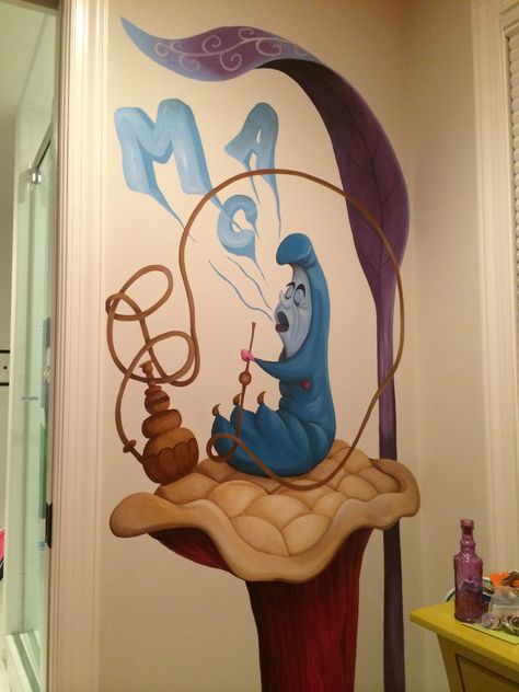 #Alice in Wonderland bedroom #Caterpillar mural Disney Mural Bedroom, Alice In Wonderland Mural, Bed Mural, Wonderland Bedroom, Disney Wall Murals, Alice In Wonderland Bedroom, Disney Mural, Baby Room Inspiration, Disney Wall