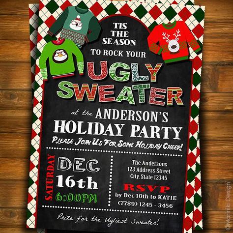 Ugly Sweater Party Invitation, Ugly Sweater Christmas Party, Ugly Christmas Sweater, Christmass Invi Grinch Party Invitations, Hot Chocolate Stir Sticks, Christmas Invitations Ideas, Ugly Sweater Invitations, Ugly Christmas Sweater Party Invitations, Sleepover Invitation, Baby Shower Ideas Boy, Ugly Sweater Party Invitations, Christmas Sleepover