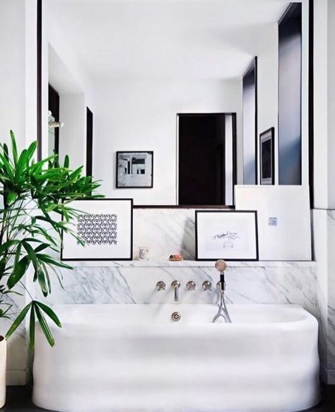 Gachot Studios bath. Love the marble ledge Concrete Bathroom, Ideas Hogar, Decorating Small Spaces, Bath Tub, Free Standing Tub, A Mirror, Beautiful Bathrooms, White Bathroom, Bathroom Flooring