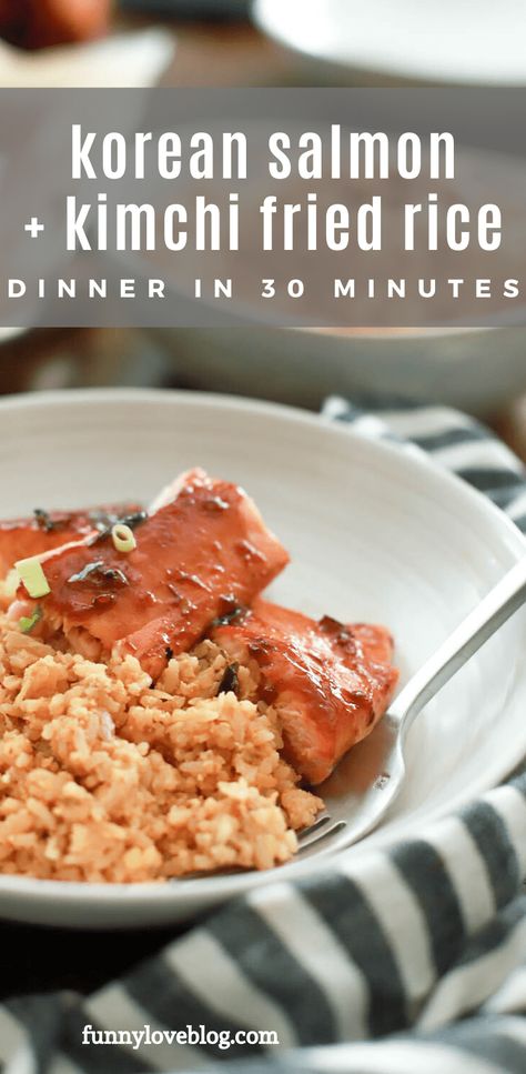 This easy Korean salmon recipe features tips on how to broil salmon with a delicious Korean sauce. The salmon is paired with kimchi fried rice for a restaurant-style rice bowl that is done in just half an hour! This Korean dinner is gluten free and features tons of swaps so that you can use what you have on hand! via @howertonhastings Korean Salmon Recipe, How To Broil Salmon, Korean Salmon, Pescatarian Dinner, Dinner Korean, Easy Kimchi, Buttery Rice, Healthy Dessert Recipes Easy, Broiled Salmon