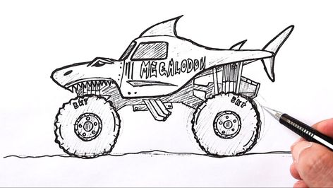 How to draw a Monster Truck Megaladon | Shark monster truck drawing - YouTube Monster Truck Tattoo Ideas, Toy Truck Drawing, How To Draw Monster Truck, Monster Truck Drawing Easy, Monster Truck Tattoo, Monster Truck Painting, Shark Monster Truck, Monster Truck Drawing, Owl Drawing Simple