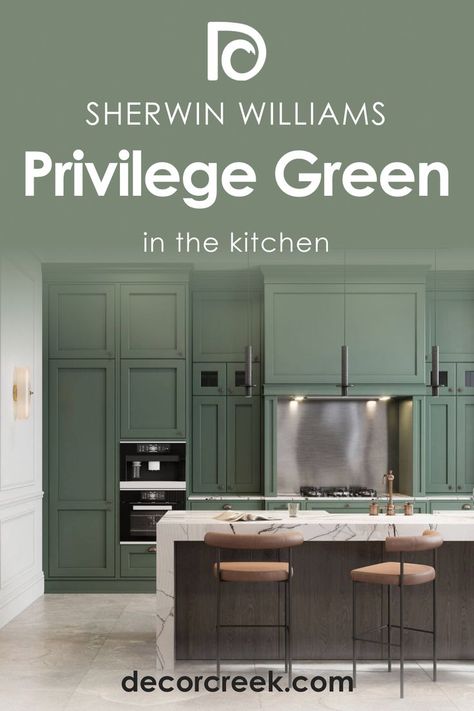 Kitchen Privilege Green SW 6193 in the by Sherwin-Williams Sw Privilege Green, Privilege Green, Best Sherwin Williams Paint, Sherwin Williams Green, Warm Whites, Lakehouse Kitchen, Painted Kitchen Cabinets Colors, Green Kitchen Cabinets, Paint Color Inspiration