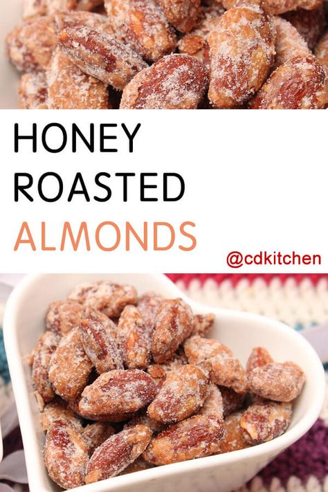 Honey Roasted Almonds - These candied almonds make for an irresistible snack. The nuts are oven-baked before being stirred into a sweet honey mixture and cooled. They store well and make a great homemade gift, too. | CDKitchen.com Roasted Almonds Recipe, Cinnamon Roasted Almonds, Honey Roasted Almonds, Nut Dessert, Nut Butter Recipes, Flavored Nuts, Candied Almonds, Nut Snacks, Cinnamon Almonds