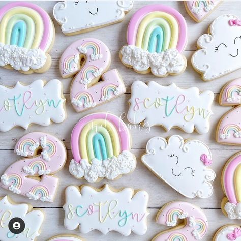 Rainbow Birthday Cookies, 2nd Birthday Cookies, Birthday Cookies Decorated, Rainbow Unicorn Birthday Party, Rainbow First Birthday, Slime Party, Rainbow Unicorn Birthday, Custom Birthday Cakes, First Birthday Party Decorations