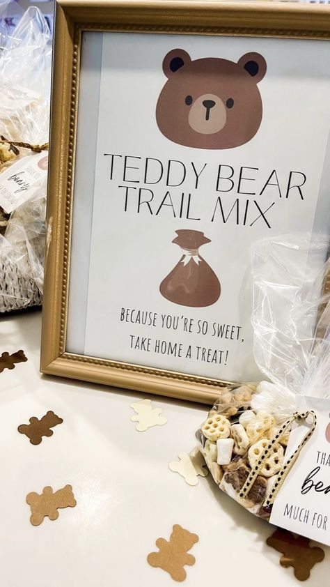 Bear Shower Food Ideas, Teddy Bear Sweets, Teddy Bear Party Ideas First Birthdays, First Birthday Treat Bags, Beary Sweet Birthday, Bear Trail Mix Teddy Grahams, Bear Themed Charcuterie Board, Teddy Bear Treats For Baby Shower Boys, Baby Bear Theme Baby Shower Ideas