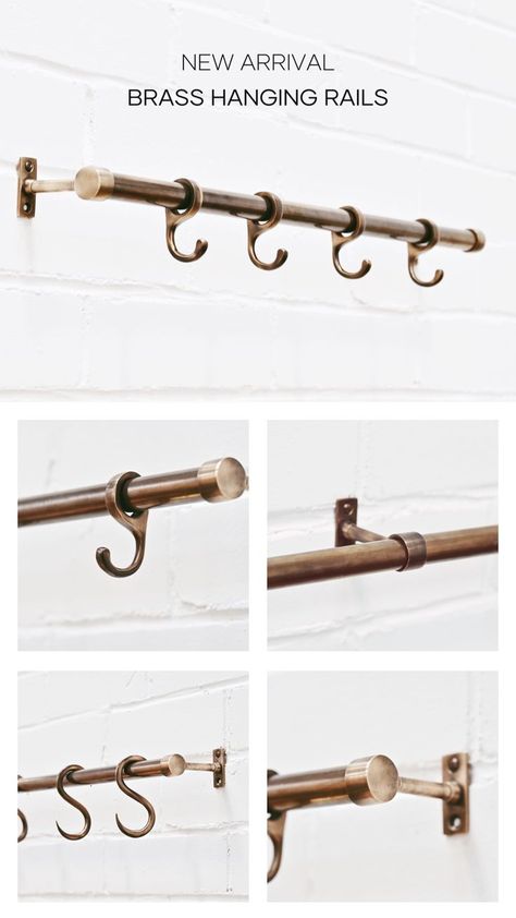 Brass Kitchen Rails Kitchen Towel Rail Ideas, Metal Rods Ideas, Brass Pot Rail Kitchen, Kitchen Hanging Rail Ideas, Diy Brass Kitchen Rail, Brass Kitchen Utensil Rail, Brass Rails In Kitchen, Brass Hanging Rail Kitchen, Brass Kitchen Rod