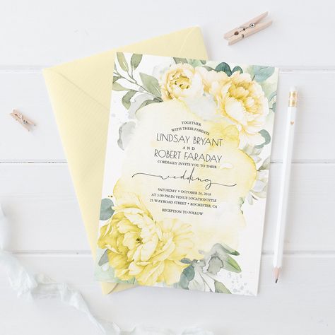 Soft Yellow Wedding, Pastel Yellow Wedding Theme, Light Yellow Weddings, Country Backyard, Painted Greenery, Yellow Wedding Colors, Boho Wedding Invitation Template, Yellow Wedding Invitations, Greenery Wedding Bouquet