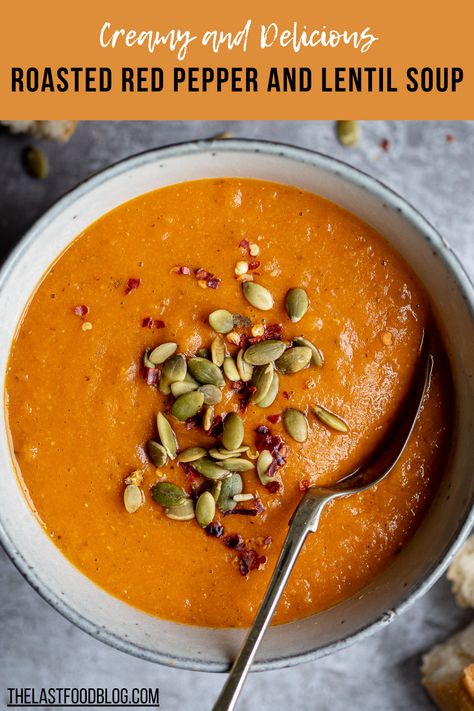 Packed with flavour this roasted red pepper and lentil soup is creamy, delicious and filling. Perfect for a tasty lunch. Red Lentil And Turmeric Soup, Red Pepper And Lentil Soup, Roasted Red Pepper And Lentil Soup, Roasted Red Pepper And Carrot Soup, Vegan Red Pepper Soup, Red Pepper Lentil Soup, Pumpkin Red Lentil Soup, Orange Lentil Soup, Roast Pepper Soup