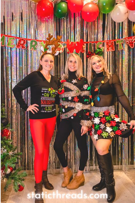 Christmas In July Outfit Ideas Women, Funky Christmas Outfit, School Christmas Party Outfit Ideas, Ugly Sweater Party Outfit, Ugly Sweater Ideas For Women, Ugly Sweater Outfit Women, Funny Christmas Outfits For Women, 80s Christmas Outfit, Christmas Theme Outfits