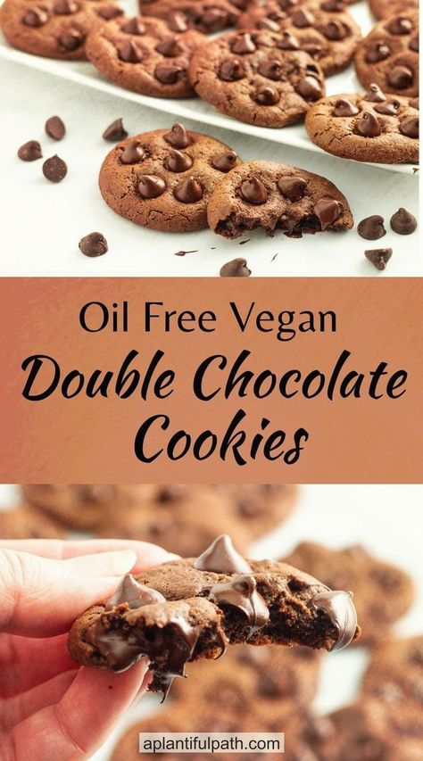 Craving something sweet but want to keep it healthy? These easy vegan double chocolate cookies are the answer! Packed with rich chocolate flavor and made with no oil, they're a healthier alternative to traditional cookies. Perfect for any occasion, this recipe is sure to become a favorite. Healthy Chocolate Cookies, Vegan Chocolate Cookies, Oil Free Vegan Recipes, Vegan Chocolate Chip Cookies, Double Chocolate Chip Cookies, Double Chocolate Cookies, Healthy Vegan Snacks, Guilt Free Dessert, Oil Free Vegan