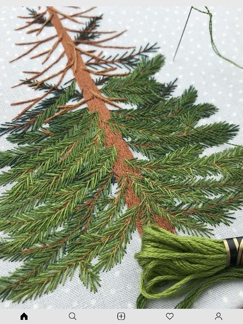 Printed Fabric Embroidery, Trees Hand Embroidery, Embroidery Patterns With Instructions, Embroidery Christmas Tree Pattern, Fern Embroidery, Embroidery Trees, Tree Embroidery, Christmas Embroidery Patterns, Embroidery Stitches Tutorial