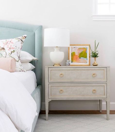 Modern History Furniture on Instagram: "A dream is a wish your heart makes. ✨ Warmed by evening light, this soothing green and pink bedroom enjoys a little extra shimmer from our Gustavian Two Drawer Chest (MH888F01). Another radiant design shared by our friend @ashleygoforth! A beautiful shot by @michaelhunterphoto" Green And Pink Bedroom, Brighter Bedroom, Furniture Details Design, Kids Nightstand, Evening Light, Teenage Bedroom, Elegant Bedroom, Modern History, Pink Bedroom