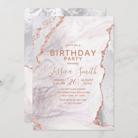 $ 2.95 | White & Rose Gold Agate Marble Foil Birthday Party - birthday party, boy or girl, geode gemstone, gilded elegance, marble agate, fall or winter, rose gold foil, white marble, modern, luxurious gilt Confetti Invitation, Chic Birthday Party, Rose Gold Invitations, Birthday Roses, Rose Gold Sparkle, Rose Gold Confetti, Gold Birthday Party, Rose Gold Party, Gold Confetti