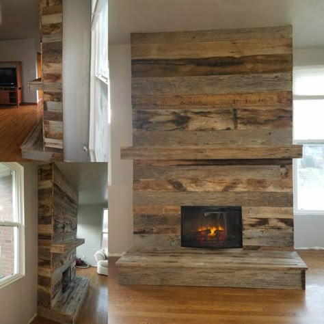 Reclaimed barnwood fireplace my dad and I built Barnwood Fireplace Surround, Barnboard Fireplace Wall, Reclaimed Wood Fireplace Wall, Reclaimed Wood Fireplace Surround, Barnboard Fireplace, Farmhouse Fireplace Ideas Rustic, Barnwood Fireplace, Wood Fireplace Surround, Pallet Fireplace