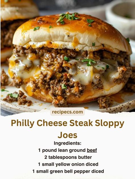 Philly Cheese Steak Sloppy Joes... - Easy Quick Recipes Philly Cheese Hamburger Sandwich Recipe, Home Made Philly Cheese Steak Sandwich Recipe, Philly Sloppy Joes, Hamburger Sandwich Recipes, Leftover Burgers, Philly Cheese Steak Sandwich Recipe, Philly Cheese Steak Sloppy Joes, Cheese Steak Sloppy Joes, Sloppy Joe Sliders