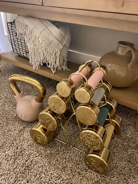 Workout gear Weights Lift Target finds gold Aesthetic Dumbbells, Pink Weights Aesthetic, Pretty Weights, Gym Weights Aesthetic, Cute Weights, Portico Decor, Aesthetic Weights, Weight Lifting Aesthetic, Weights Aesthetic