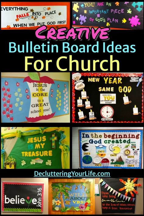 9 different creative church bulletin board ideas for Sunday School and church classrooms with religious Christian sayings - Everything Falls Into Place When We Put God First with handmade Fall theme decorations, Wild About VBS jungle theme, Jesus is the Core to a Great School year with apple bulletin board decorations, etc Faith Formation Bulletin Boards, Prayer Bulletin Board Ideas, March Church Bulletin Board Ideas, Lent Bulletin Board Ideas Catholic, Church Bulletin Board Ideas Scriptures, Church Entryway, Jesus Bulletin Boards, Christian School Bulletin Boards, Christian Classroom Decor