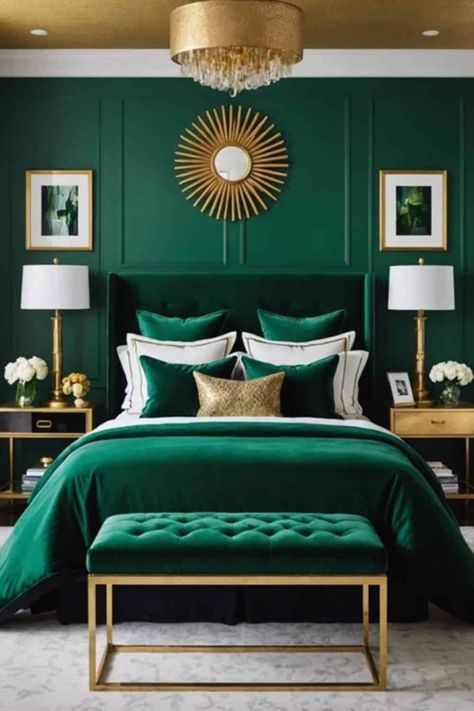 A Touch of Luxe: Transforming Spaces with Emerald Green Bedrooms - West Magnolia Charm Bedroom With Green Ceiling, Emerald Green Bedroom Inspiration, Emerald Green Headboard Bedroom Ideas, Emerald Green Bedroom Walls, Navy And Green Bedroom, Dark Emerald Green Aesthetic, Emerald Green Room Ideas Bedroom, Emerald Green And Gold Bedroom, Green Gold Bedroom