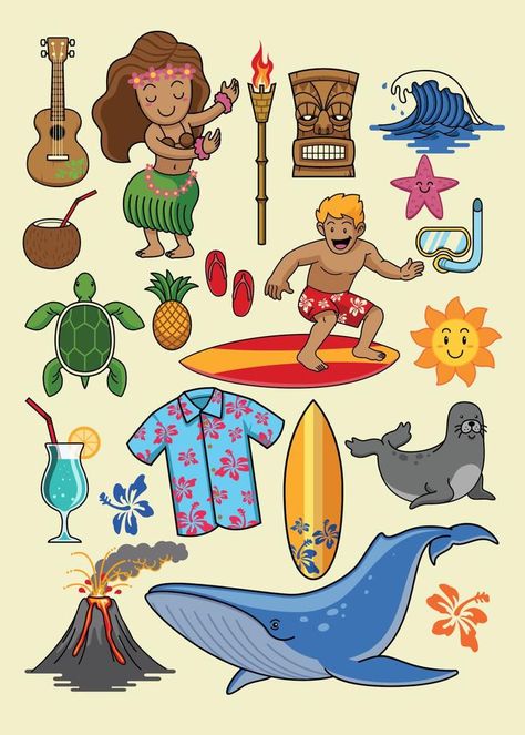 hawaii cartoon set Hawaii Cartoon, Beach Cartoon, Hawaii Theme, Summer Hawaii, Hawaii Summer, Country Theme, Tropical Party, Maui Hawaii, Fairy Land