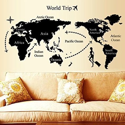 Black Wall Stickers, World Map Sticker, World Map Mural, World Map Wall Decal, Map Wall Decal, Map Wall Mural, Kids World Map, Map Murals, Bedroom Decals