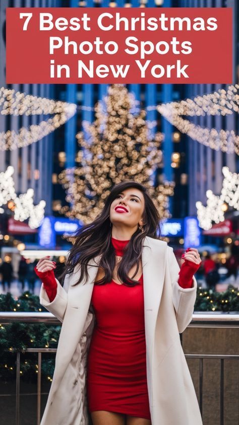 Nyc Christmas Photo Ideas, Nyc Christmas Bucket List, Nyc Poses, Christmas In New York Outfits, New York Picture Ideas, Nyc Girls Trip, Nyc In December, Festive Christmas Outfit, Nyc Spots