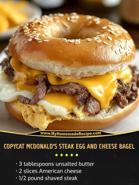 Last minute recipes | Recreate the magic at home with this Copycat McDonald’s Steak Egg and Cheese Bagel | Facebook Steak Bagel, Mcdonald's Steak Egg And Cheese Bagel, Steak Egg And Cheese Bagel, Copycat Mcdonalds, Recipe Whisper, Egg And Cheese Bagel, Bagel Sandwich Recipes, Burger Sliders Recipes, Shaved Steak