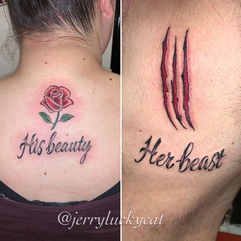 His Beauty • Her Beast • Beauty and the Beast • Couple Tattoos | Tattoo Ideas and Inspiration His Beauty Her Beast, Beast Beauty And The Beast, The Beast Tattoo, Beast Tattoo, Him And Her Tattoos, Couple Tattoos Love, Couple Tattoos Unique Meaningful, Beauty And The Beast Tattoo, Tattoo Couple