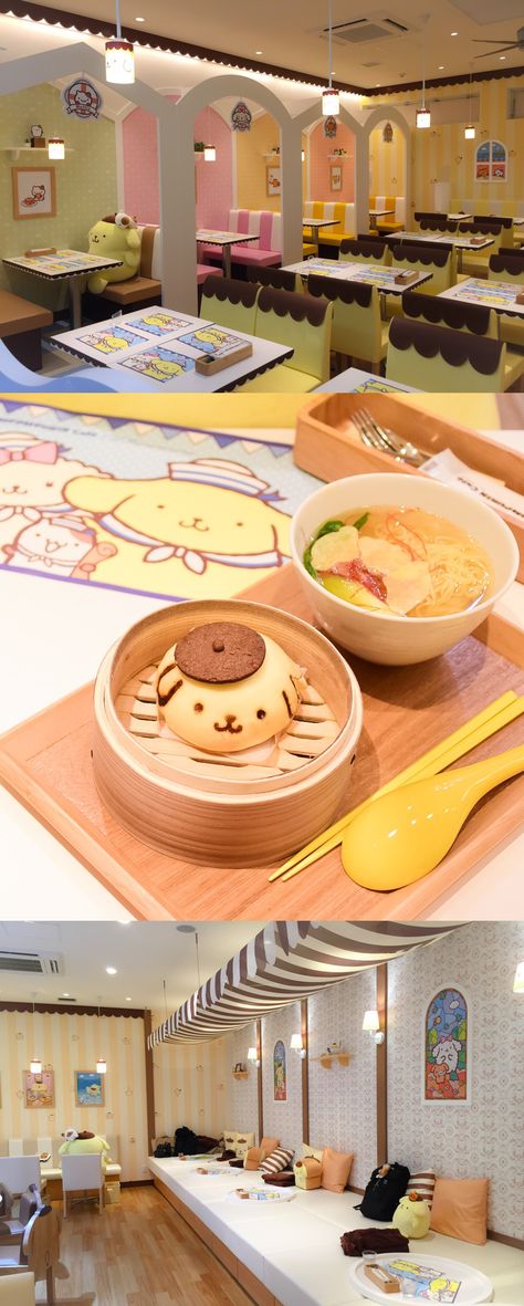 Pompompurin Cafe, Yokohama Japan Cafe Interior, Japan Cafe Aesthetic, Kawaii Cafe Interior, Japanese Cafe Interior, Cute Cafe Japan, Sanrio Cafe Aesthetic, Pompompurin Cafe, Manga Cafe, Themed Cafes In Japan