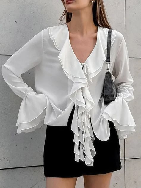 UOOZEE V Neck Blouses, Winter Mini Dresses, Chiffon Style, Loose Clothing, Fall Winter Dresses, Chiffon Fashion, Elegant Pattern, Loose Outfit, Daily Dress