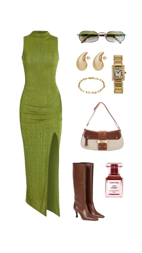 A collage of various different png clothing items that creates stylish evening wear inspiration Luxury Green Mini Dress For Fall, Polyvore Outfits Chic, House Of Cb Green Dress, Elegant Fitted Green Sweater Dress, Green And Brown Outfit, Green Outfit Ideas, Green Outfit Polyvore, Png Outfits, Outfit Png