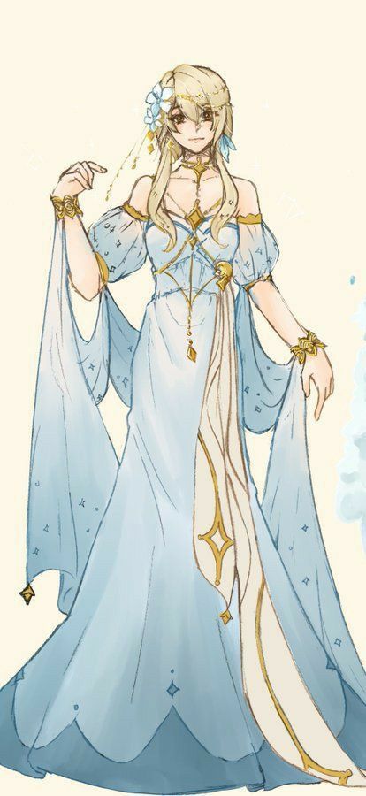 Lumine As A God, Lumine Dress Fanart, Lumine In A Dress, Lumine Outfit, Moon Goddess Dress, Princess Lumine, Blue Fantasy Dress, Fantasy Ballgown, Traveler Genshin