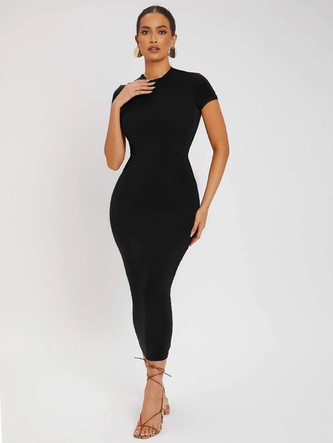 Summer Black Non-stretch Bodycon Dress, Black Full-length Bodycon Dress, Sleek Black Ribbed Bodycon Dress, Black Ribbed High Neck Dress, Black Ribbed High-neck Bodycon Dress, Bodycon Dress Online, Neck Bodycon Dress, Shein Style, Dress P