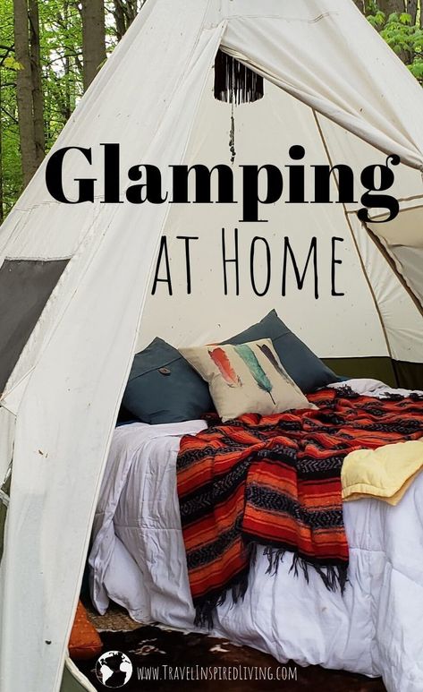 Glamping at Home in this Southwest Style TeePee Glamping At Home, Birthday Glamping, Fairy Lights Photos, Cow Print Rug, Yellow Throw Blanket, Tents Camping, Indoor Camping, Camping Site, Inspiring Places