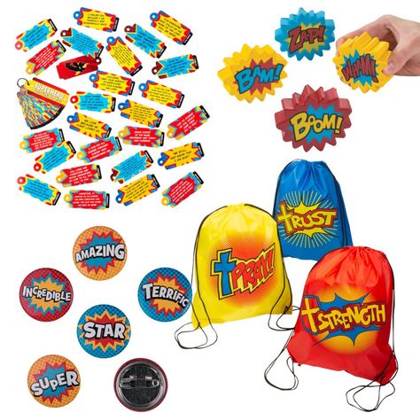 Give your Vacation Bible School classroom rewards some superpower strength! This collection of creative giveaways comes in a variety of colors and styles, perfect for captivating interest from young superhero fans. Hand them out altogether for students to take home or give them as prizes when students win games, answer questions or show stellar behavior! (120 pcs. per unit)Includes:o 24 Nonwoven Polyester Large Fantastic Faith Drawstring Bags (14" x 17 1/2")o 24 Laminated Cardstock Kids' Superhe Creative Giveaways, Superhero Vbs, Superhero Crafts, Vbs 2023, Classroom Rewards, Vbs Crafts, Art & Craft Kit, Kids Imagination, Scripture Cards