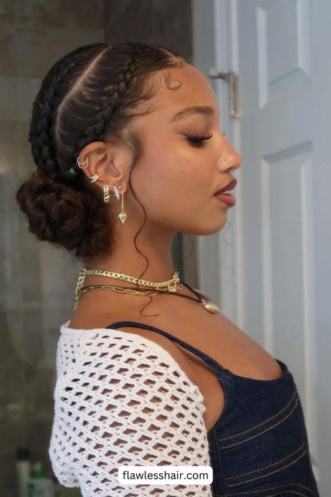 Si buscas un recogido distinto y más personalizado, opta por un moño bajo rizado con trenzas. Además, las trenzas protegerán tu pelo de la sequedad, la rotura y el calor.// Crédito de la foto: instagram @ashleescurls Black Bridesmaids Hairstyles Braids, Curly Graduation Hairstyles, Braided Bun For Black Women, Curly Updo Hairstyles For Black Women, Luau Hair, Black Braided Updo, Braided Updo Hairstyles, Curly Updo Hairstyles, Quick Curly Hairstyles