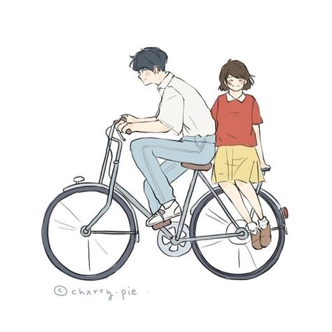 Riding Bicycle Drawing, Two People On A Bike, Bicycle Couple, Ghibli Illustration, Bicycle Sketch, Scooter Drawing, Cycle Pictures, Prop Background, Bicycle Drawing