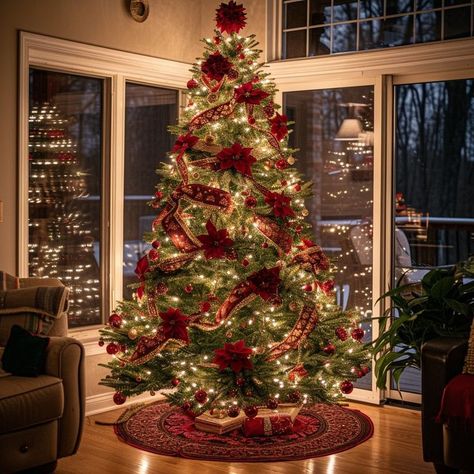 Enchanting Christmas tree with red ribbons and golden lights, creating a warm and festive atmosphere. Perfect holiday decor for a cozy gathering with family and friends. Festive Centerpieces, Christmas Tree Decor, Golden Lights, Christmas Tree Ideas, Vintage Christmas Decorations, Tree Decor, Red Ribbon, Holiday Spirit, Christmas Tree Decorations