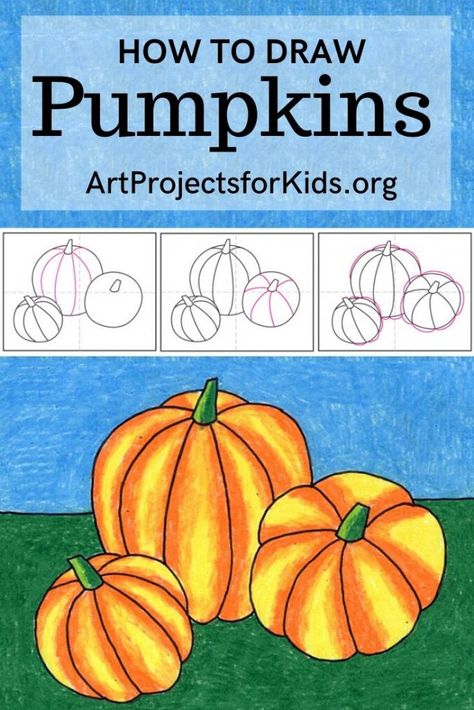 Learn how to draw Pumpkins with this fun and easy art project for kids. Simple step by step PDF tutorial available. #howtodraw #artprojectsforkids #pumpkin Drawing Pumpkins Step By Step, Draw A Pumpkin Easy, How To Draw Pumpkins, Draw Pumpkin, Halloween Art Drawing, Pumpkin Art Project, Pumpkin Canvas Painting, Draw A Pumpkin, Easy Painting For Kids