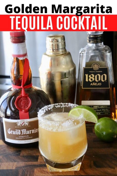 How to make an easy Golden Margarita. This Mexican cocktail recipe features gold tequila (reposado), Grand Marnier, lime juice and salt rim. Patron Margarita Recipe, Grand Marnier Margarita, Reposado Margarita, Cadillac Margarita Recipe, Golden Margarita, Mexican Cocktail, Gold Drinks, Tequila Cocktail, Tequila Margarita