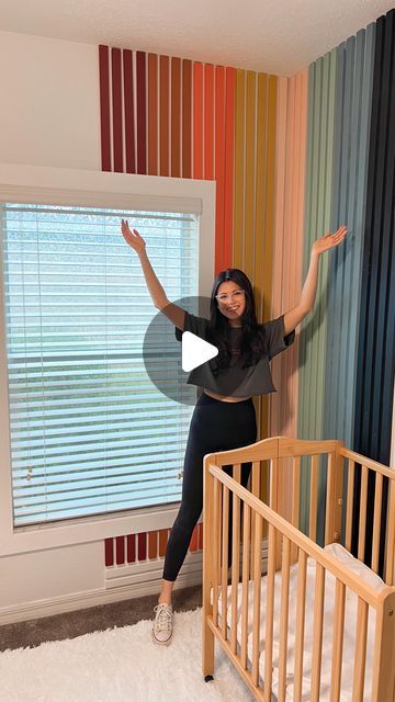 Leyla | DIY & Home Decor on Instagram: "Two words: ✨rainbow✨trim This is likely the most color that will ever be on my grid, but for good reason 😂 my sister-in-law wanted a rainbow-themed nursery and we KNEW that a rainbow trim accent wall was a must ;) Had so much fun working on this room with her this weekend. It’s official: DIY is so much more fun with help 😂 Keis, we hope you love this space 💚💙 . . . #diy #nurserydecor #diynursery #nurseryinspo #accentwall #trimwork #lowesgoals" Rainbow Wall Design, Rainbow Mural Kids Room Diy, Rainbow Wall Mural Diy, Rainbow Mural Kids Room, Rainbow Accent Wall, Rainbow Stripe Wall, Trim Accent Wall, Rainbow Themed Nursery, Painting Stripes On Walls