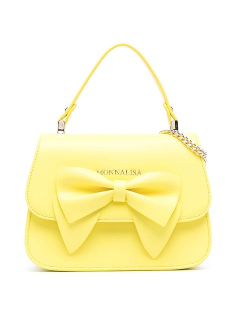 lemon yellow calf leather oversize bow detail gold-tone logo lettering gold-tone hardware foldover top with magnetic fastening detachable chain-link shoulder strap single flat top handle main compartment internal logo patch internal zip-fastening pocket Yellow Bag Aesthetic, Girly Items, Yellow Bags, Adagio Dazzle, Yellow Leather Bag, Purse Decorations, Disney Challenge, Yellow Purse, Yellow Tote Bag