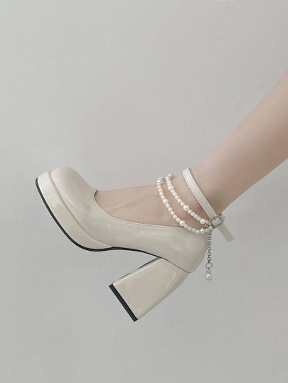 Beige Chunky Heels, Small Heels, Pretty Heels, Heels Aesthetic, Beige Pumps, Pink High Heels, Bohemian Bags, Prom Heels, Pearl Decor