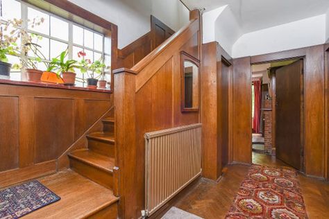 1930s art deco renovation project in Eltham, London SE9 - WowHaus 1930s Hallway, 1930s House Renovation, Picture Rails, Beautiful Mansions, Wood Panelling, Quarry Tiles, Home Panel, Architectural History, Hallway Stairs