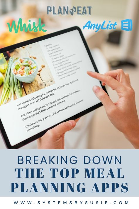 A woman's hand swipes through a recipe on a tablet. Image includes logos for Whisk, Plan to Eat, and AnyList. Best Meal Planning Apps, App For Planning, Sample Meal Plan For Family, Meal Planning List, Busy Family Meal Planning, Best Food Tracking Apps Free, Meal Planner App, Sunday Prep, Free Meal Planner