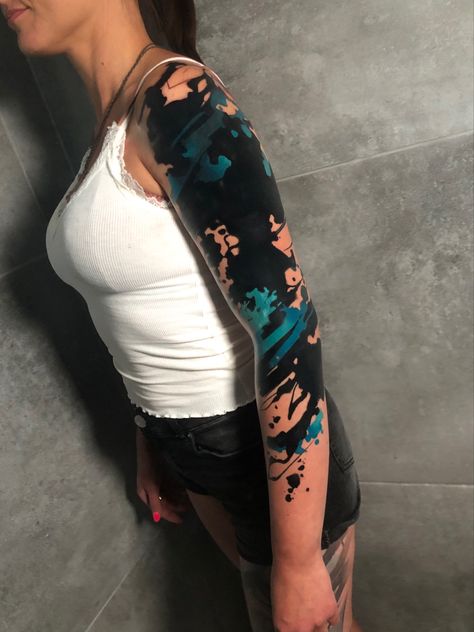 Abstract Watercolor Tattoo Sleeve, Dark Watercolor Tattoo, Tattoo Idea Arm, Watercolor Paintbrushes, Rise Above Tattoo, Splash Tattoo, Tattoo Sleeve Cover Up, Splatter Tattoo, Watercolor Tattoo Sleeve