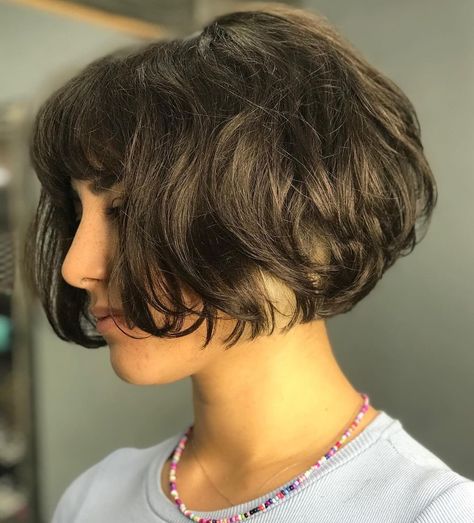 Short Hair Jaw Length, French Pixie Haircut With Bangs, Chin Length Wavy Bob With Bangs, French Bob Thick Wavy Hair, Short Hair Cuts For Women With Wavy Hair, Chin Length Hair Wavy, Short Wavy Hair With Layers And Bangs, Wavy Layered Bob With Bangs, Dutch Bob