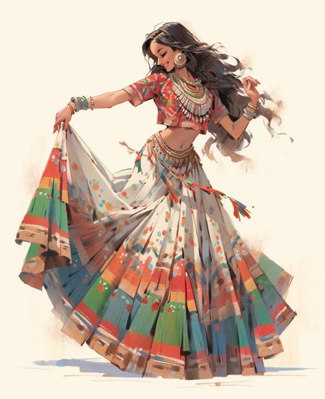 Traditional Women Illustration, Devi Digital Art, Woman Dancing Illustration, Indian Girl Illustration, Dance Poses Drawing, Indian Woman Illustration, Women's Style Tips, Indian Women Painting, Dreamy Gowns